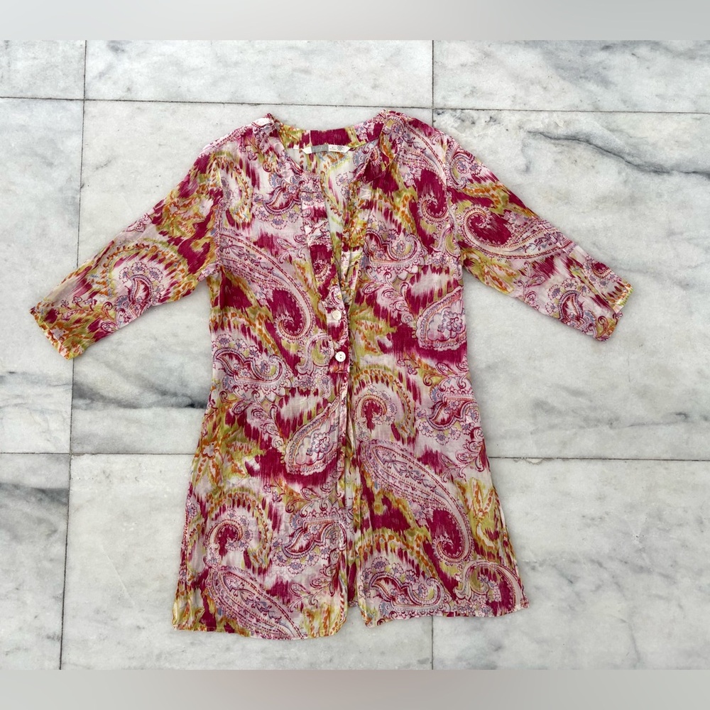 Athleta Tunic Top Swim Cover Up Pink Yellow Paisley Silk Cotton M Boho Beach